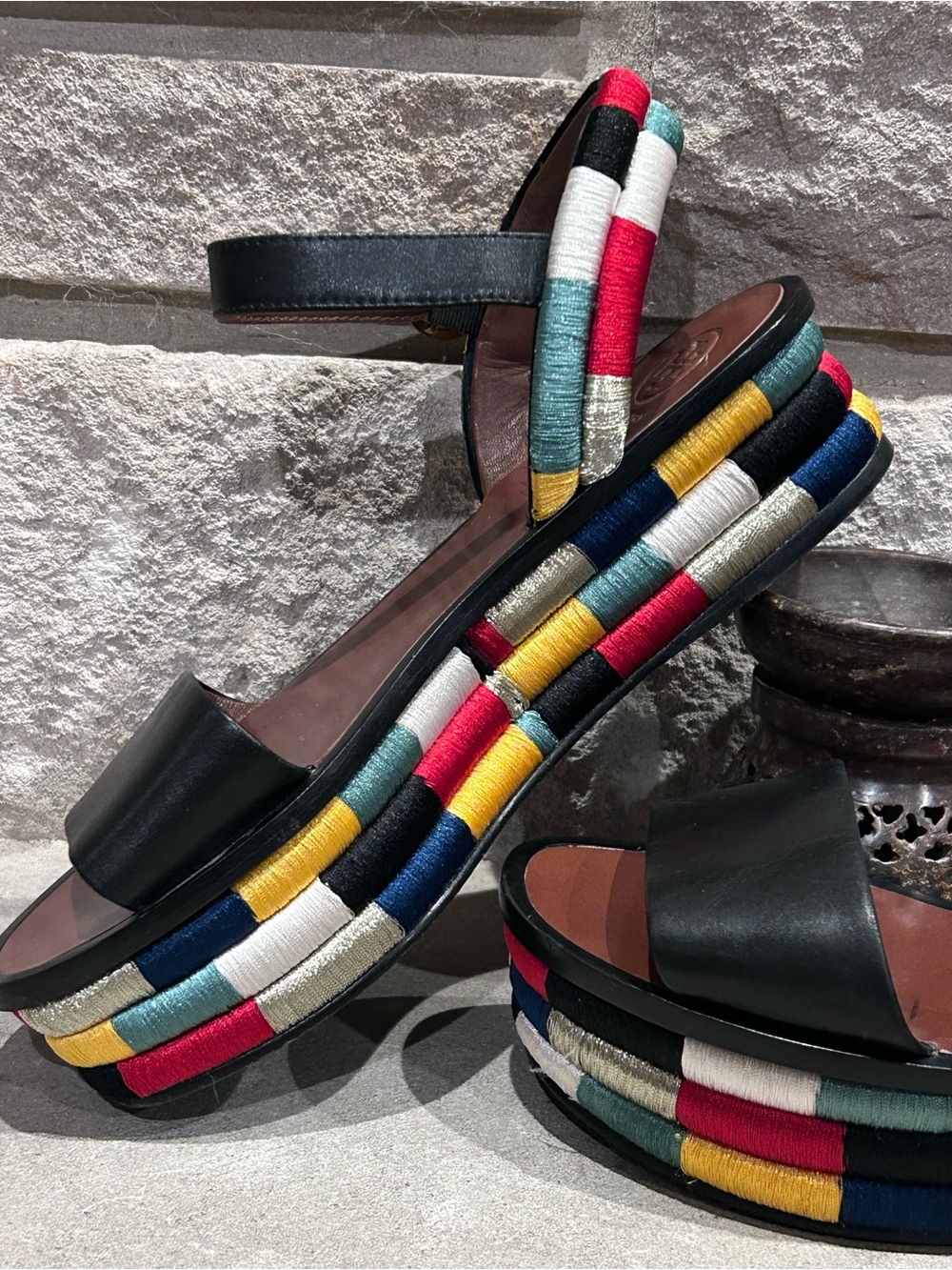 Tory Burch Camilla Rope Embroidered Platform Sandals Size 7
